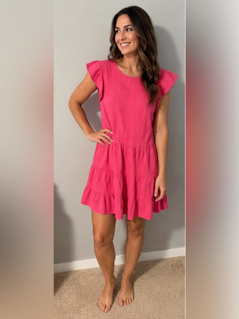 Textured Flutter Sleeve Dress in Bright Pink